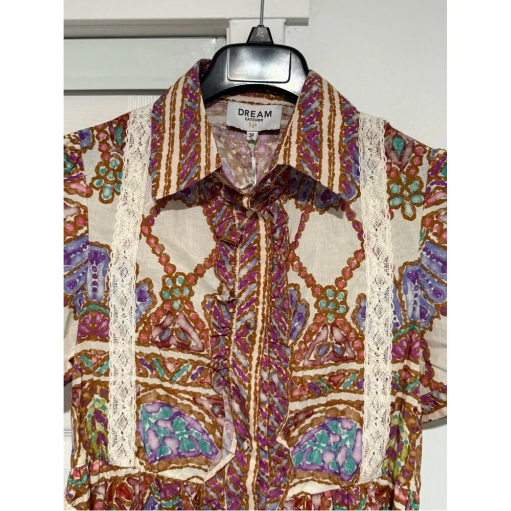 Dream Catcher Women’s Colorful Paisley Poly Mini Shirtdress Size 34 / XS